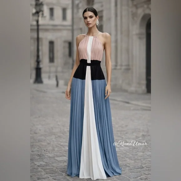 NWT BCBGMaxAzria “CONSTANTINE” Pink & Blue Pleated Maxi Dress – Size XXS - Picture 3 of 17